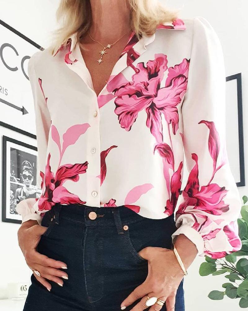 

Floral Print Puff Lantern Sleeve Buttoned Shirt, White