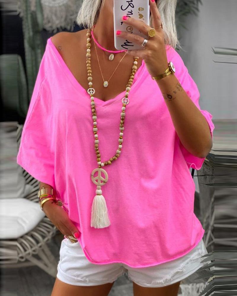 

Solid Short Sleeve Loose Backless Blouse, Pink