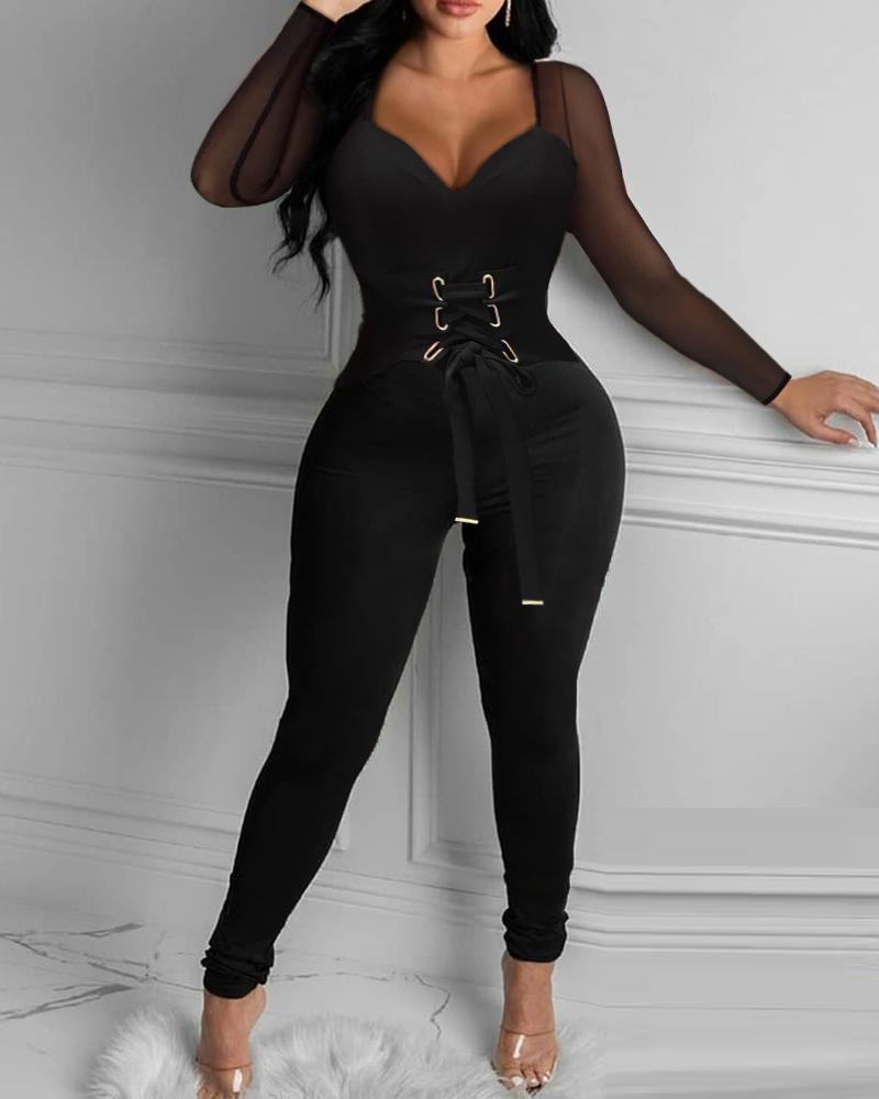 

Sheer Mesh Drawstring Skinny Jumpsuit, Black