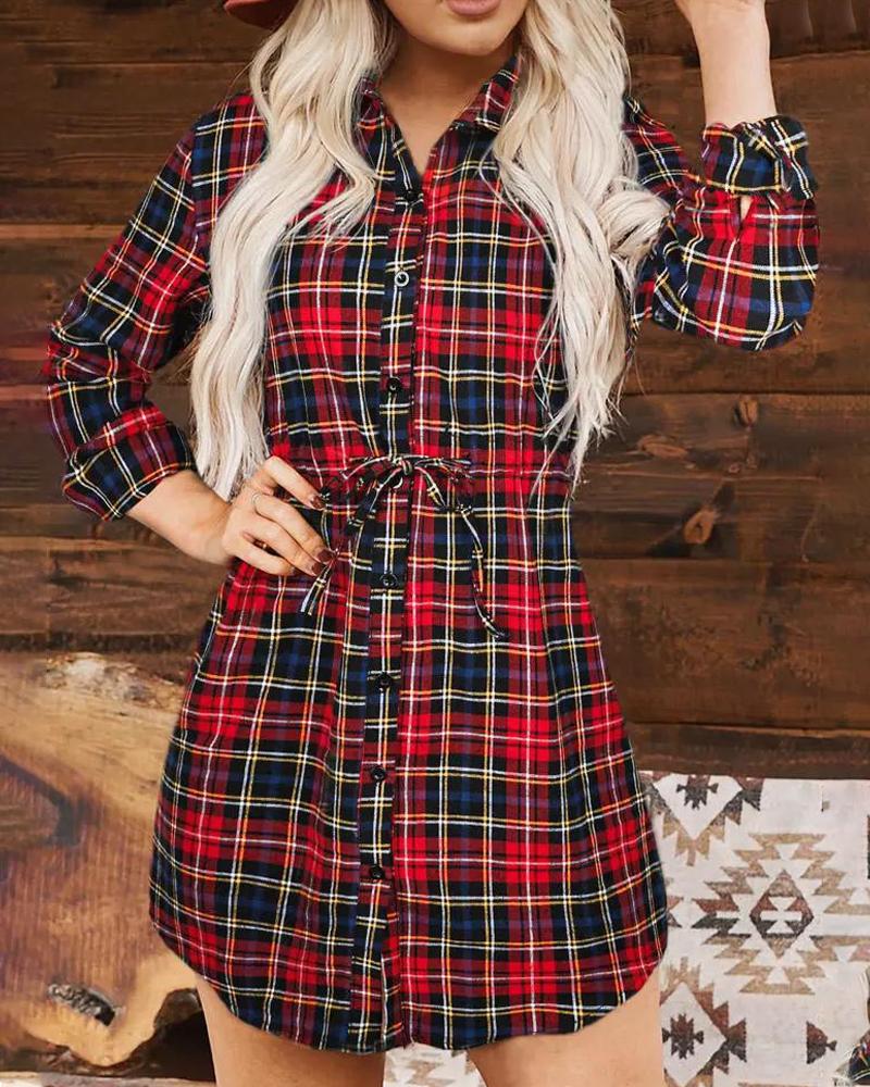 

Plaid Print Long Sleeve Buttoned Shirt Dress, Red