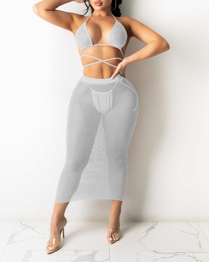 

Halter Colorblock Fishnet Tied Detail Bikini Sets, Gray