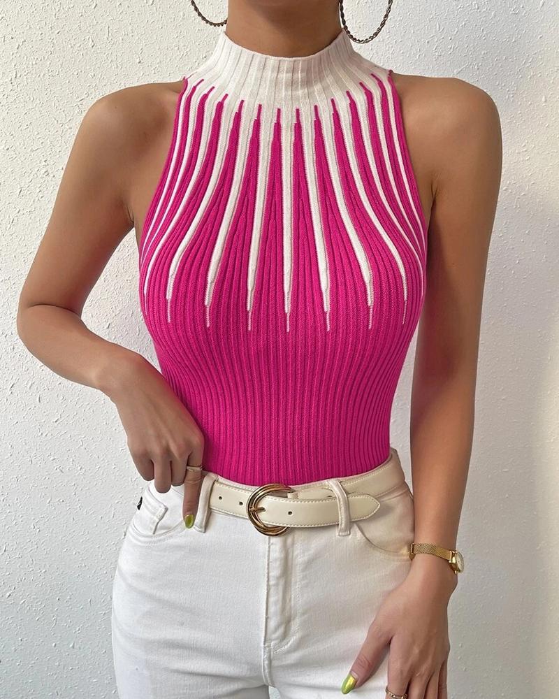 

Abstract Pattern Mock Neck Tank Top, Hot pink