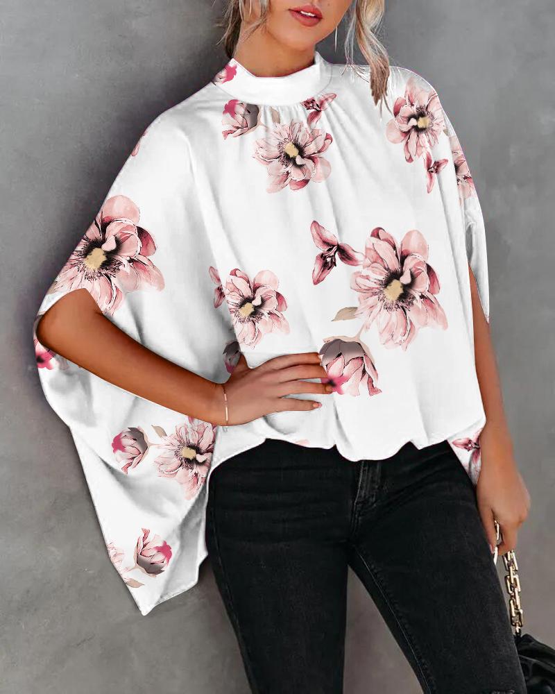 

Floral Print Batwing Sleeve Casual Top, White