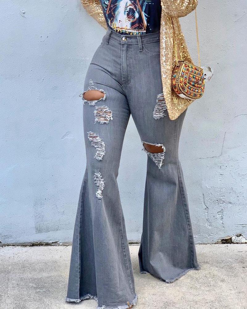 

Cutout Ripped High Waist Flared Jeans, Gray
