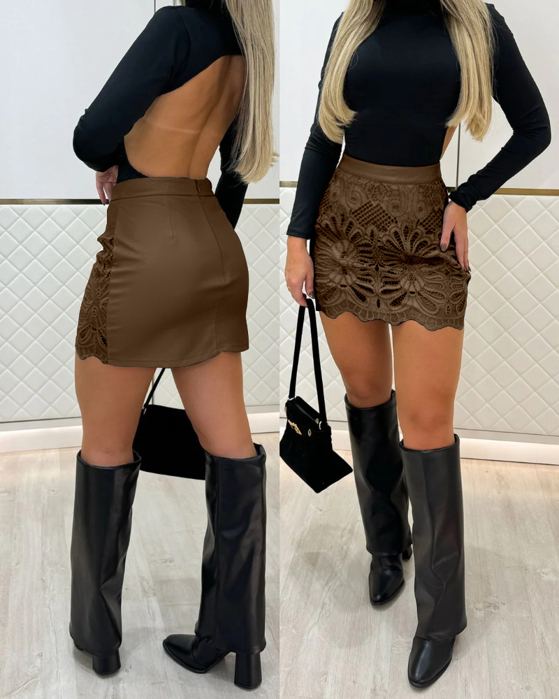 

Jupe moulante en cuir PU avec fermeture éclair au dos et motif ajouré, Brown