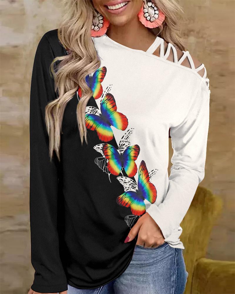 

Butterfly Print Colorblock Cold Shoulder Top, Blackwhite