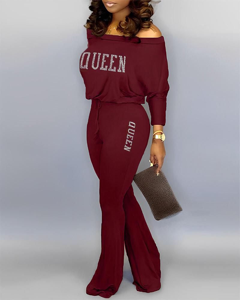 

Rhinestone Letter Pattern Off Shoulder Jumpsuit, Wine red