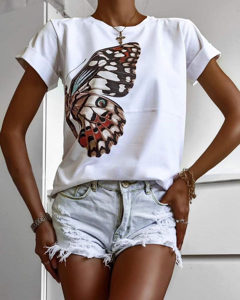 

Butterfly Print Short Sleeve Casual T-shirt, White