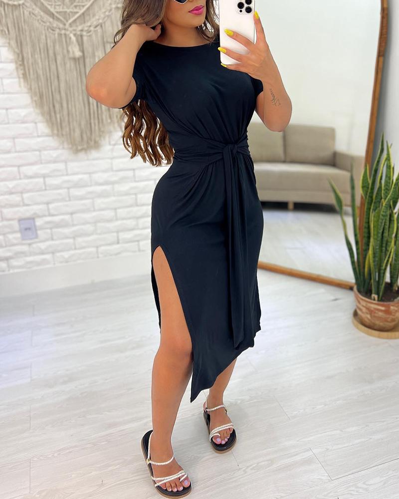 

Knotted Side Slit Casual Dress, Black