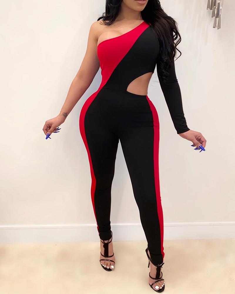 

Colorblock One Shoulder Cutout Jumpsuit, Red