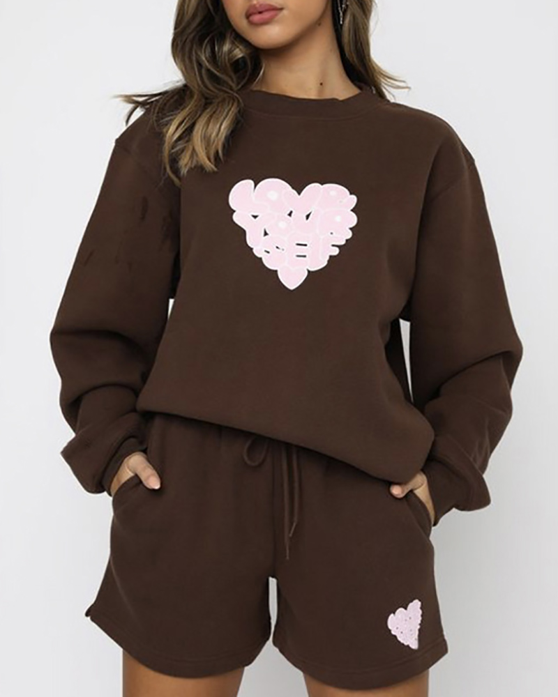 

Letter Heart Pattern Print Sweatshirt & Drawstring Shorts Set, Coffee