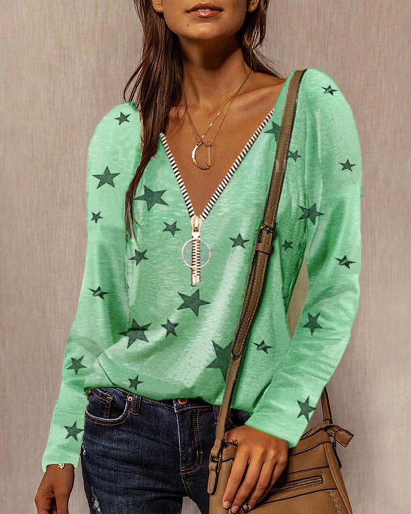 

Star Print Long Sleeve Zip Front Top, Green