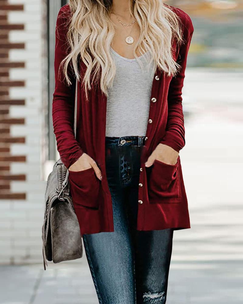 

Long Sleeve Pocket Detail Button Front Cardigan, Wine red