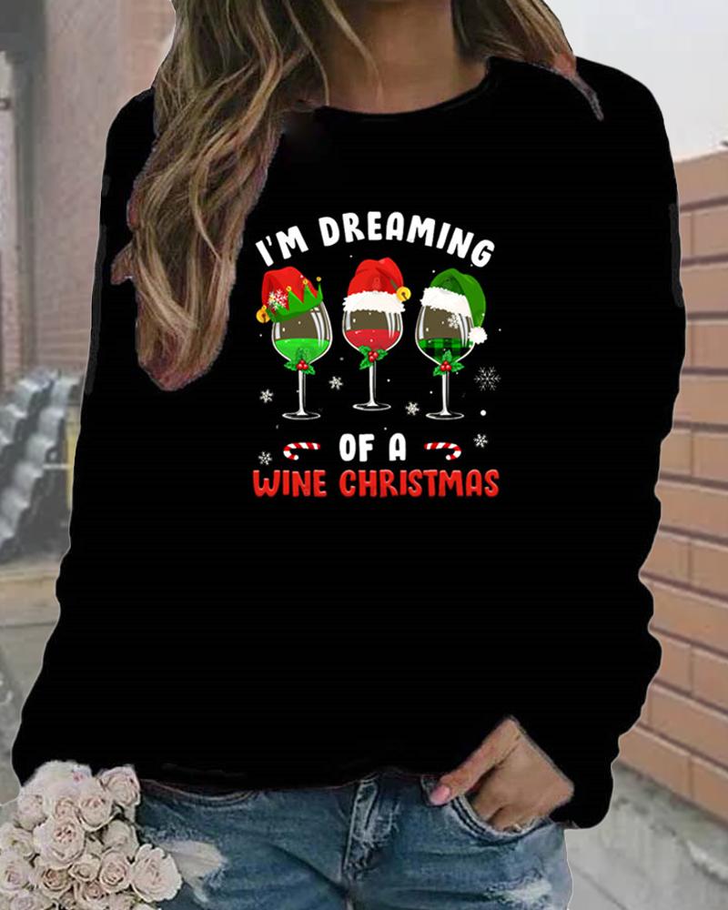

Christmas Wine Glass Letter Print Casual Top, Black