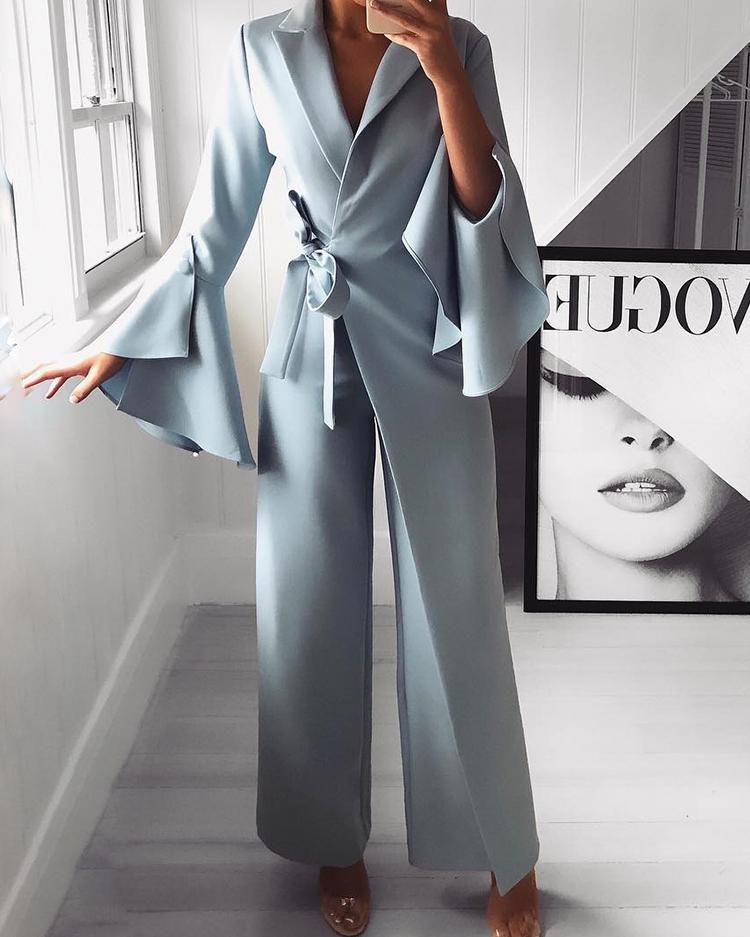

Irregular Flared Sleeve Knot Side Wide Leg Jumpsuit, Lighted blue