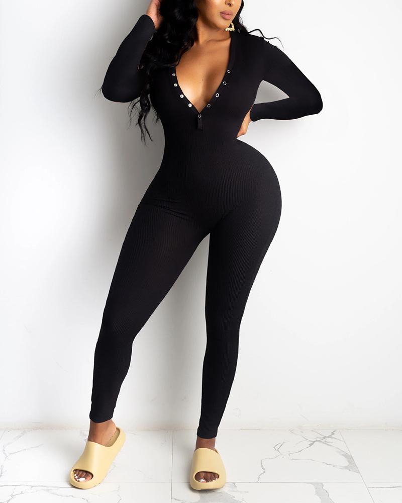 

Solid Color Long Sleeve Jumpsuit, Black