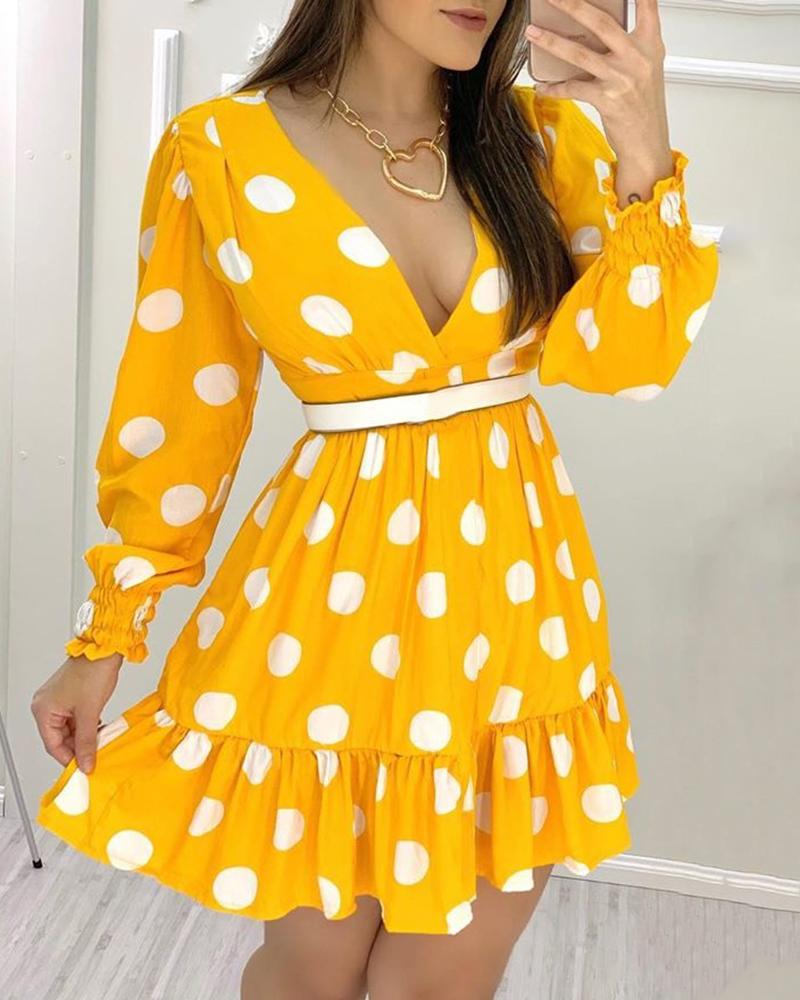 

Plunge Polka Dots Shirring Design Ruched Ruffles Casual Dress, Yellow