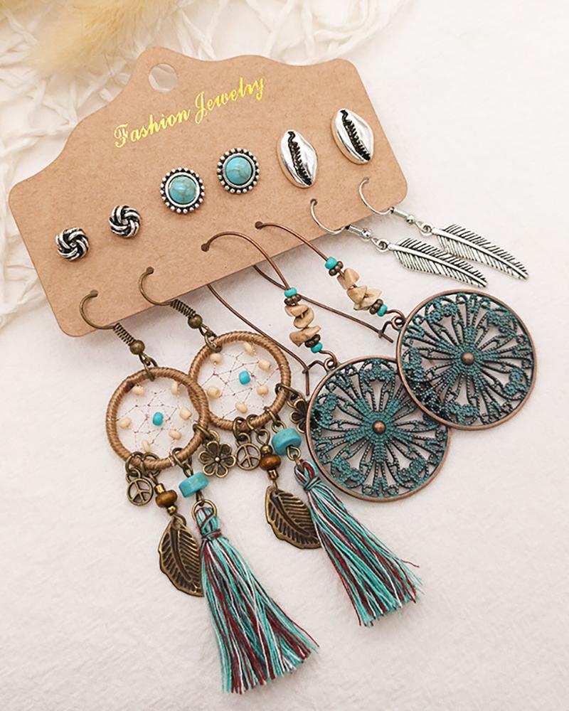 

6Pairs Dreamcatcher & Feather Pattern Earrings Set, Blue