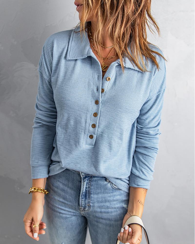 

Button Front Long Sleeve Casual Knit Top, Blue