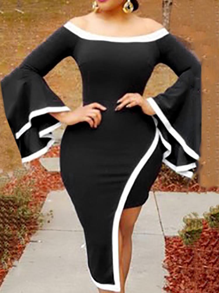 

Asymmetric Contrast Color Off Shoulder Flare Sleeve Bodycon Dress, Black