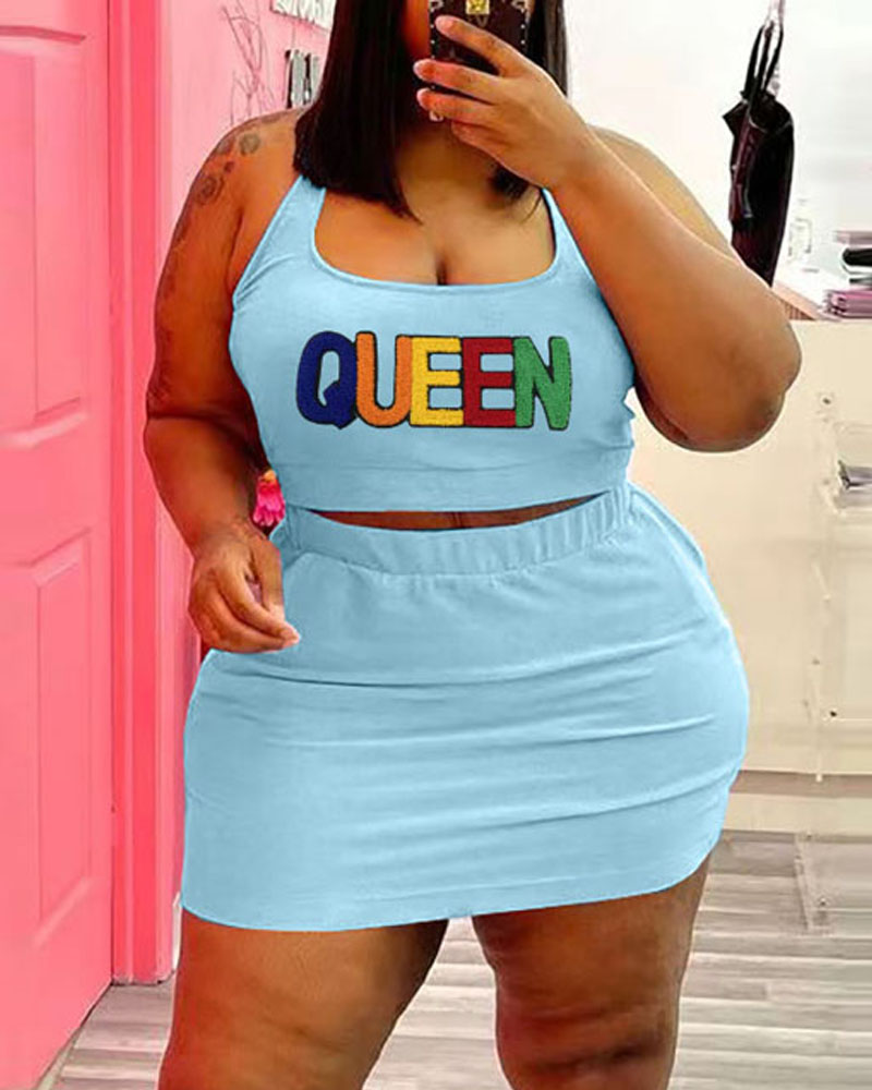 

Plus Size Embroidery Letter Crop Tank Top & Skirt Set, Lighted blue