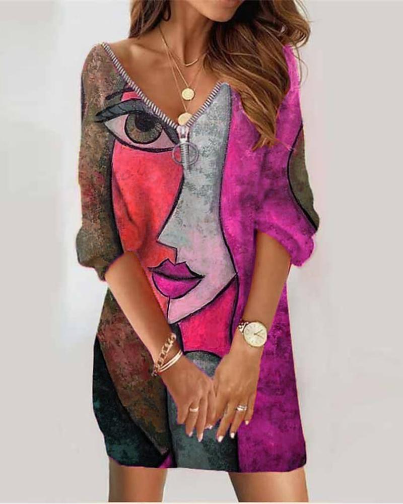

Figure Print Zipper Detail Casual Dress, Purple