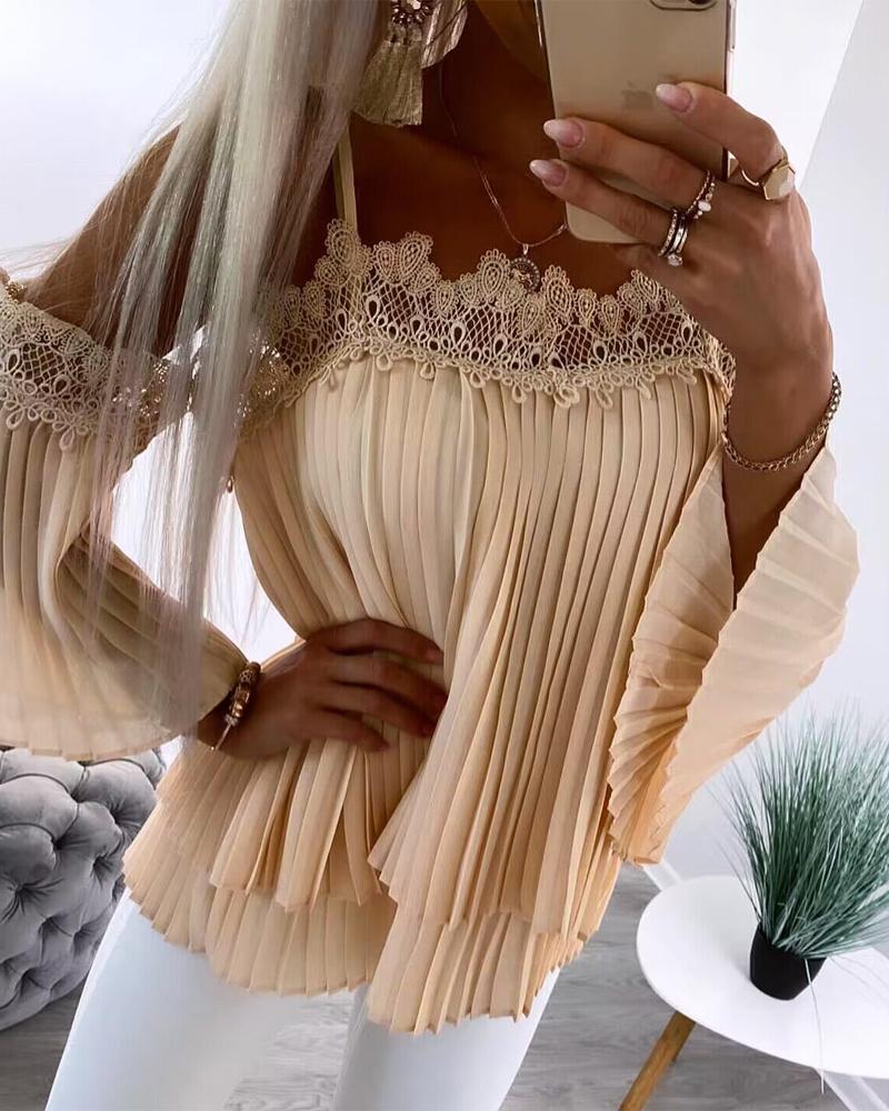 

Contrast Lace Ruched Cold Shoulder Chiffon Top, Apricot