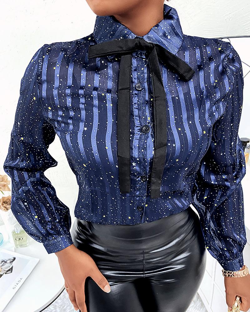 

Star Print Long Sleeve Button Down Shirt, Blue