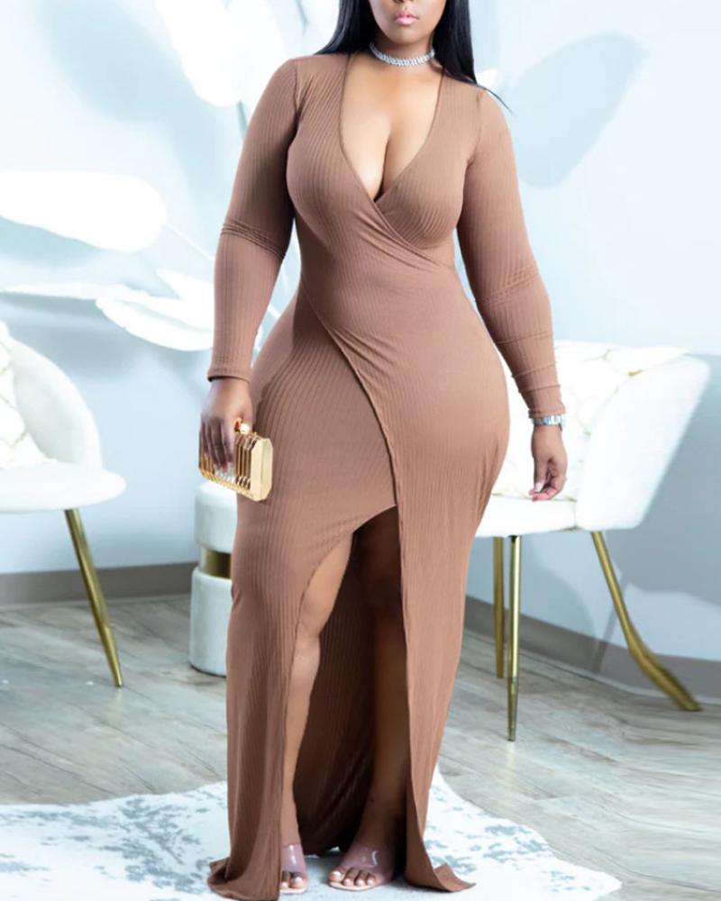 

Plus Size Long Sleeve High Slit Party Dress, Brown