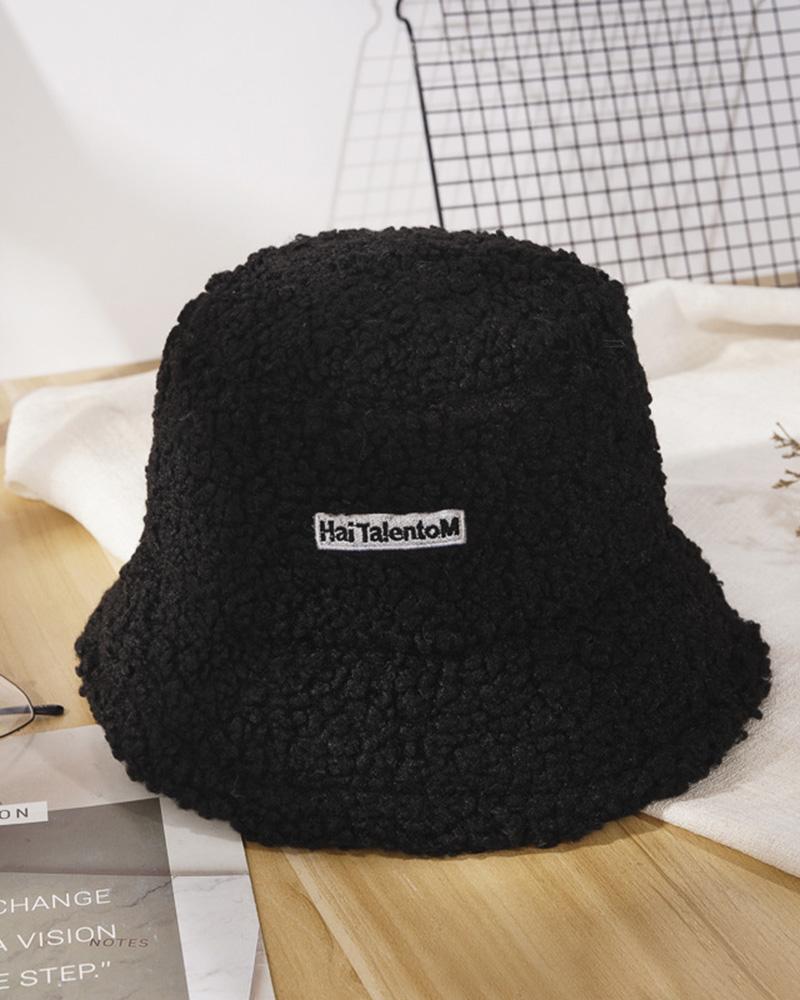 

Letter Embroidery Fluffy Winter Thermal Bucket Hat, Black