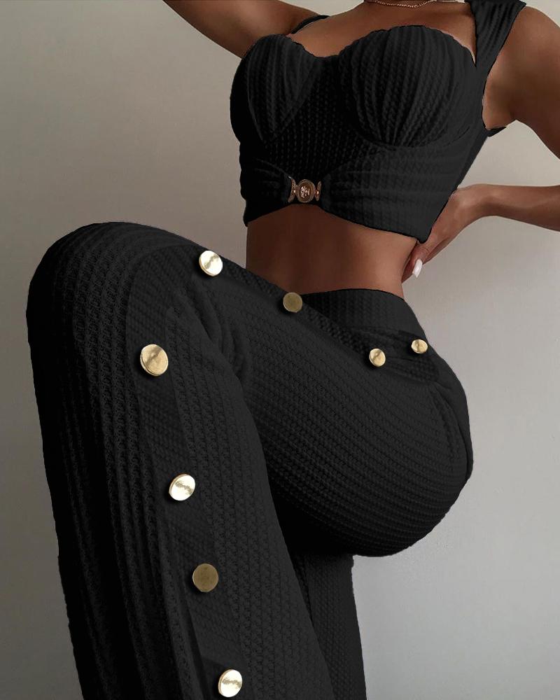 

Ruched Crop Top & Button Design High Waist Pants Set, Black