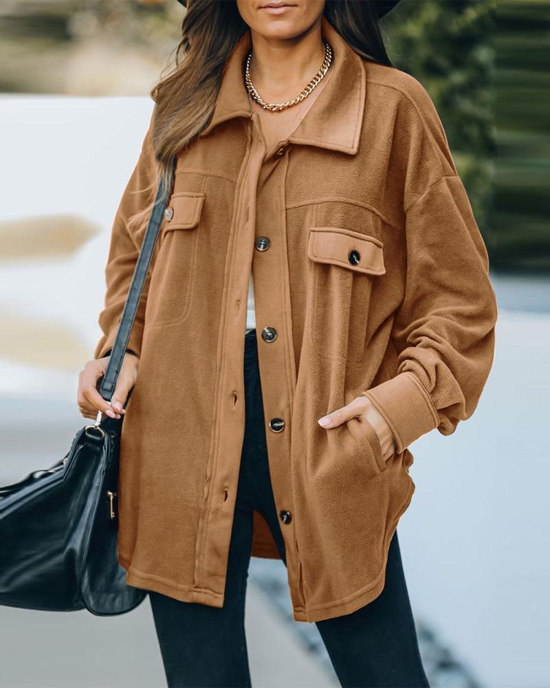 

Long Sleeve Flap Detail Button Down Shacket, Brown