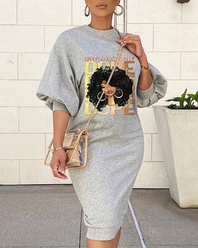 

Figure Letter Print Lantern Sleeve Casual Dress, Gray