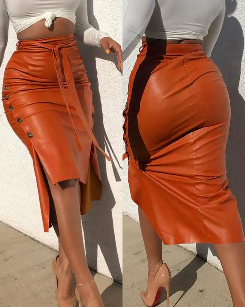 

High Waisted Belted PU Leather Pencil Skirt Side Button Split Work Midi Skirt, Brown