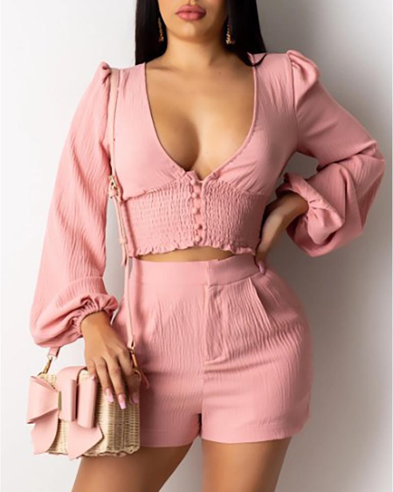 

Lantern Sleeve Buttoned Shirred Crop Top & Shorts Set, Pink