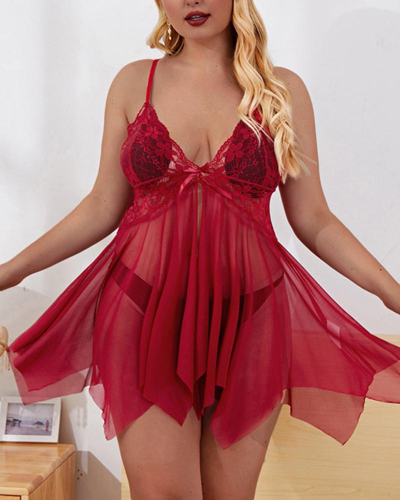 

Plus Size Asymmetrical Hem Contrast Lace Sheer Mesh Babydoll, Red