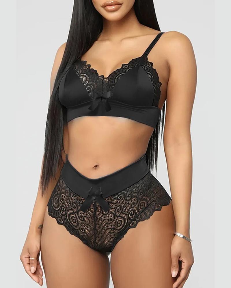 

Crochet Lace Bowknot Decor Lingerie Set, Black