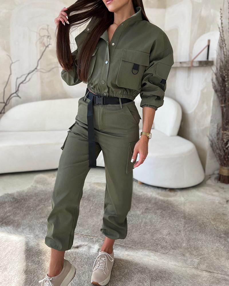 

Pocket Design Buttoned Cargo Top & Pants Set, Army green