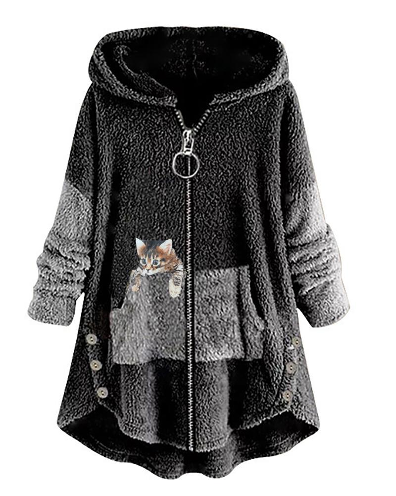 

Cat Print Long Sleeve Hooded Zip Up Teddy Coat, Dark grey