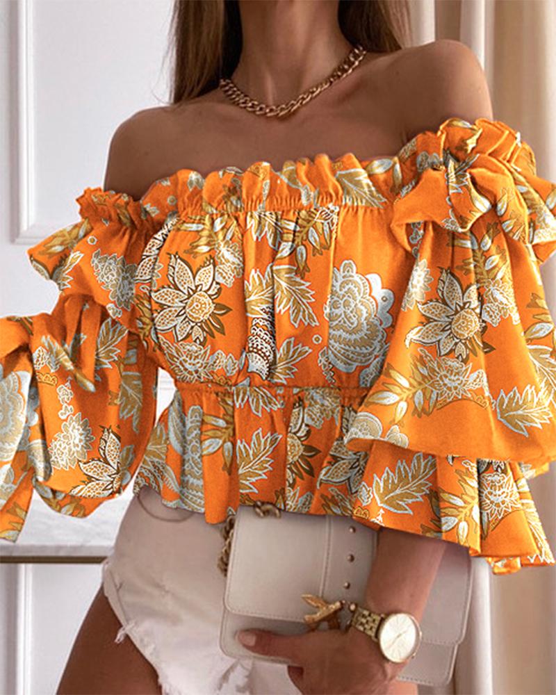 

Off Shoulder Floral Print Peplum Top, Orange