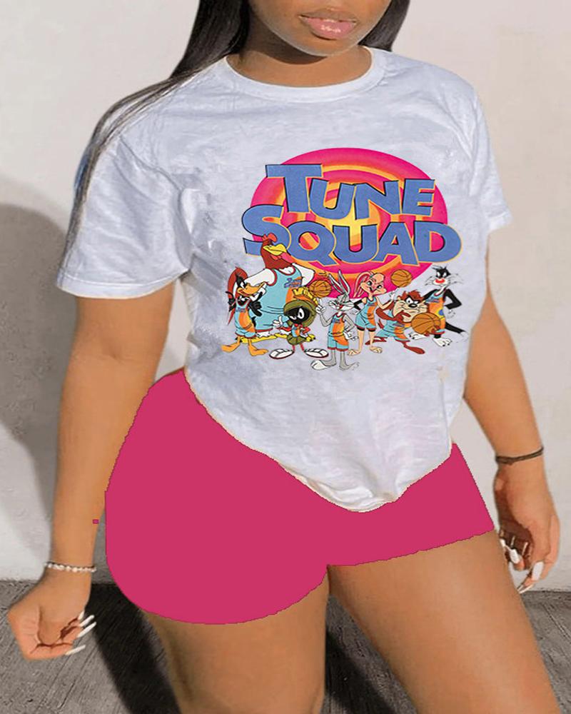 

Plus Size Tune Squad Cartoon Print Top & Shorts Set, Hot pink
