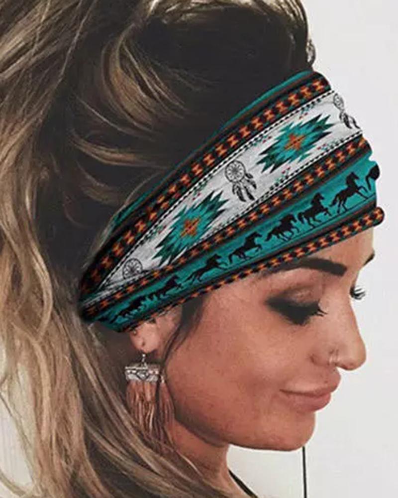 

Aztec Geometric Print Elastic Yoga Sport Wide Headband, Green