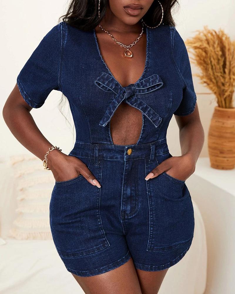 

Cutout Tied Detail Pocket Decor Denim Romper, Blue
