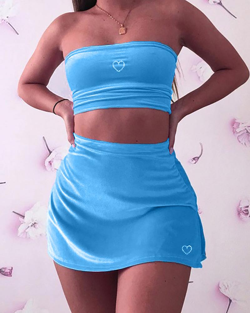 

Heart Print Off Shoulder Crop Top & Skirt Set, Blue