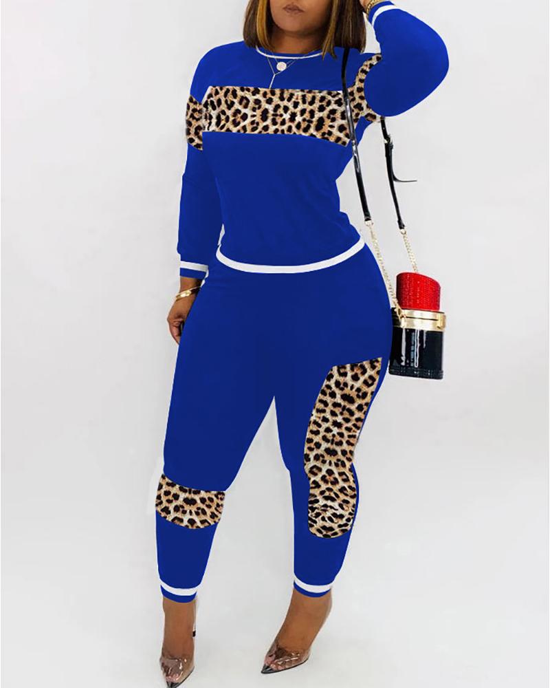 

Solid Patchwork Leopard Long Sleeve Top & Pant Sets, Blue