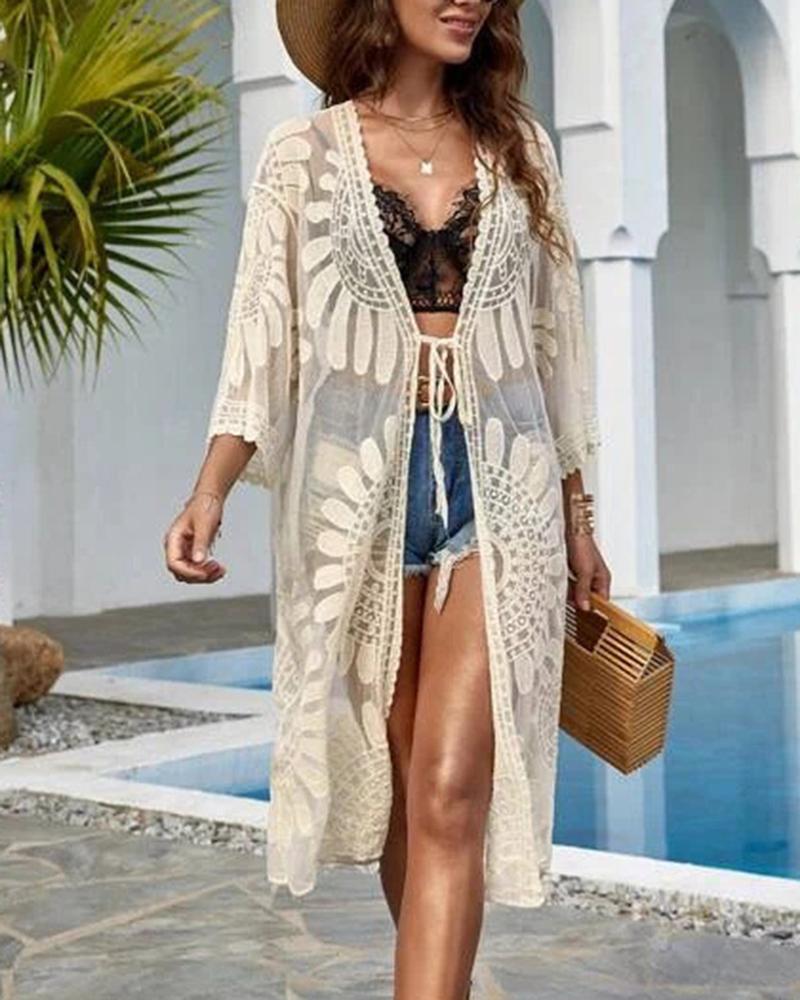 

Short Sleeve Floral Pattern Lace Cover Up, Beige