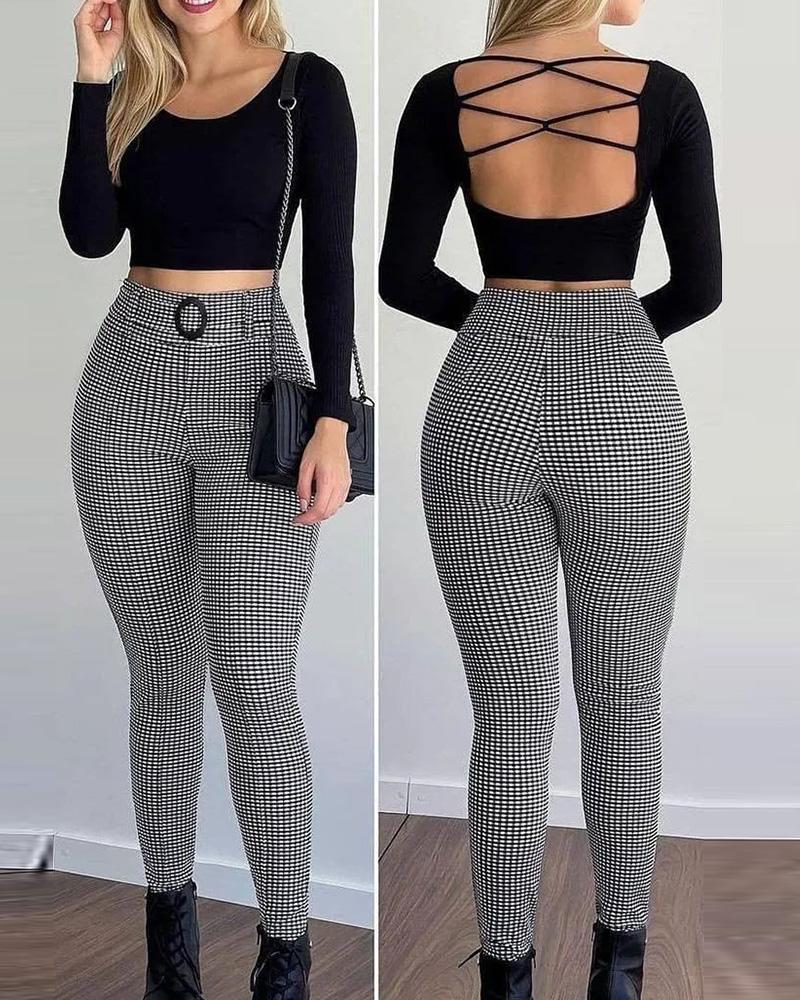 

Plaid Print Skinny Pants With Belt, Blackwhite