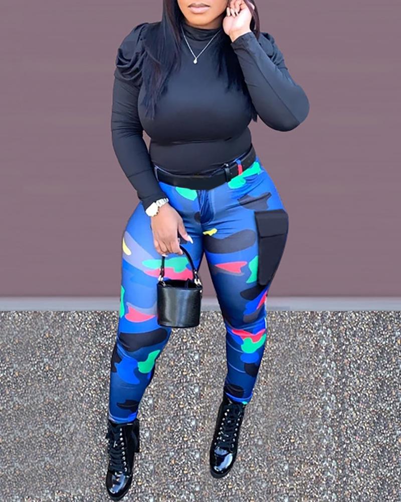 

Puffed Sleeve Plain Top & Sporty Camouflage Print Pants Set, Blue