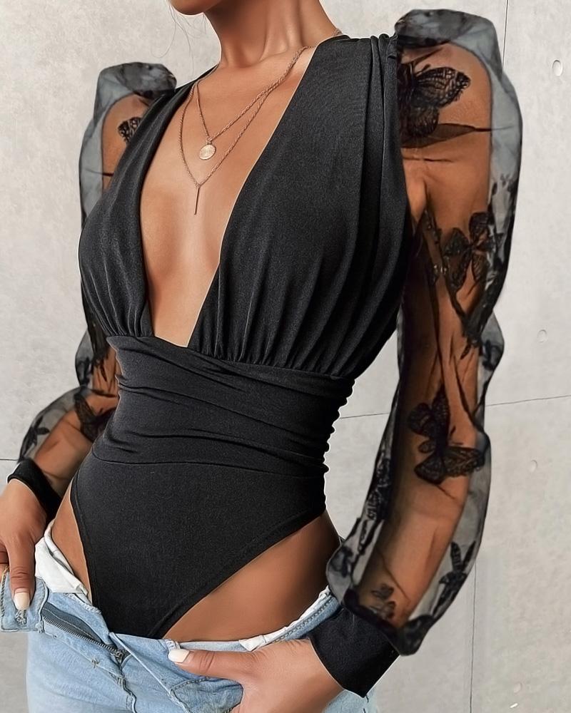 

Puff Sleeve Sheer Mesh Bodysuit, Black