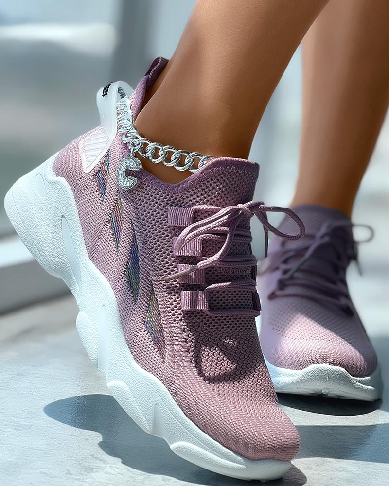 

Breathable Lace-up Knit Sneakers, Pink